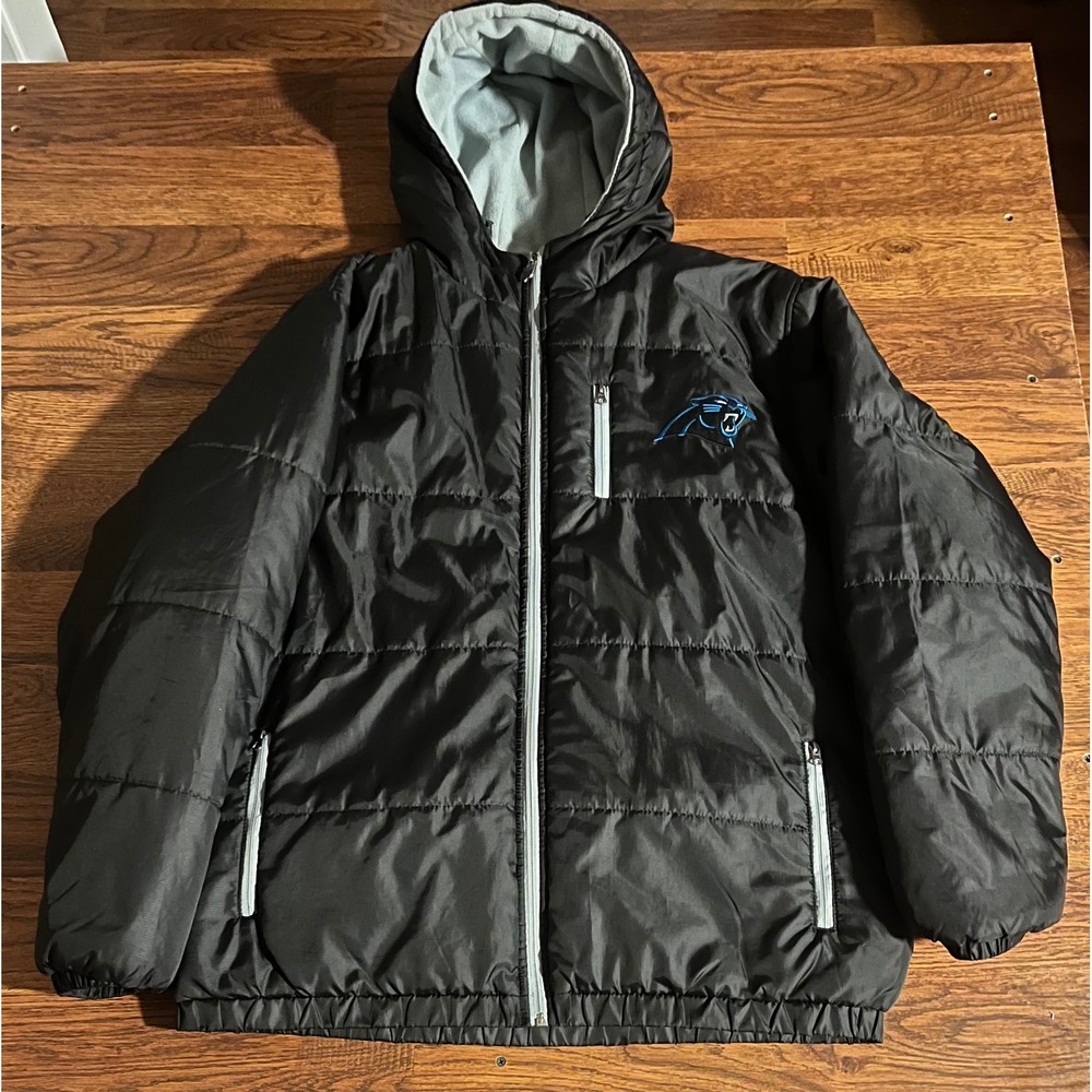 NFL Pro Line Vintage Carolina Panthers Puffer Jacket Large Hooded Fleece Lined